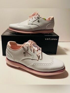 FootJoy Traditions  Wing Tip Patent Leather Oxfords Golf Shoes White/Pink 9.5